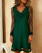 Monika | Elegancka Sukienka z Drapowanym Kołnierzem i Subtelnym Patchworkiem