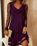 Monika | Elegancka Sukienka z Drapowanym Kołnierzem i Subtelnym Patchworkiem