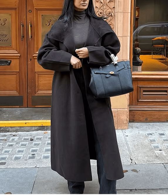 Płaszcz długi z paskiem i stójką Sara