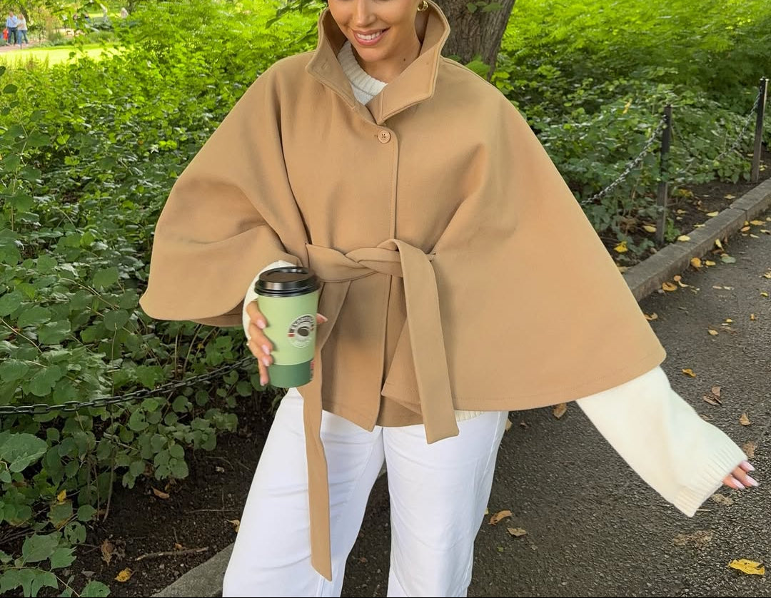 Gianna Elegancka Kurtka Peleryna z Wysokim Kołnierzem i Paskiem