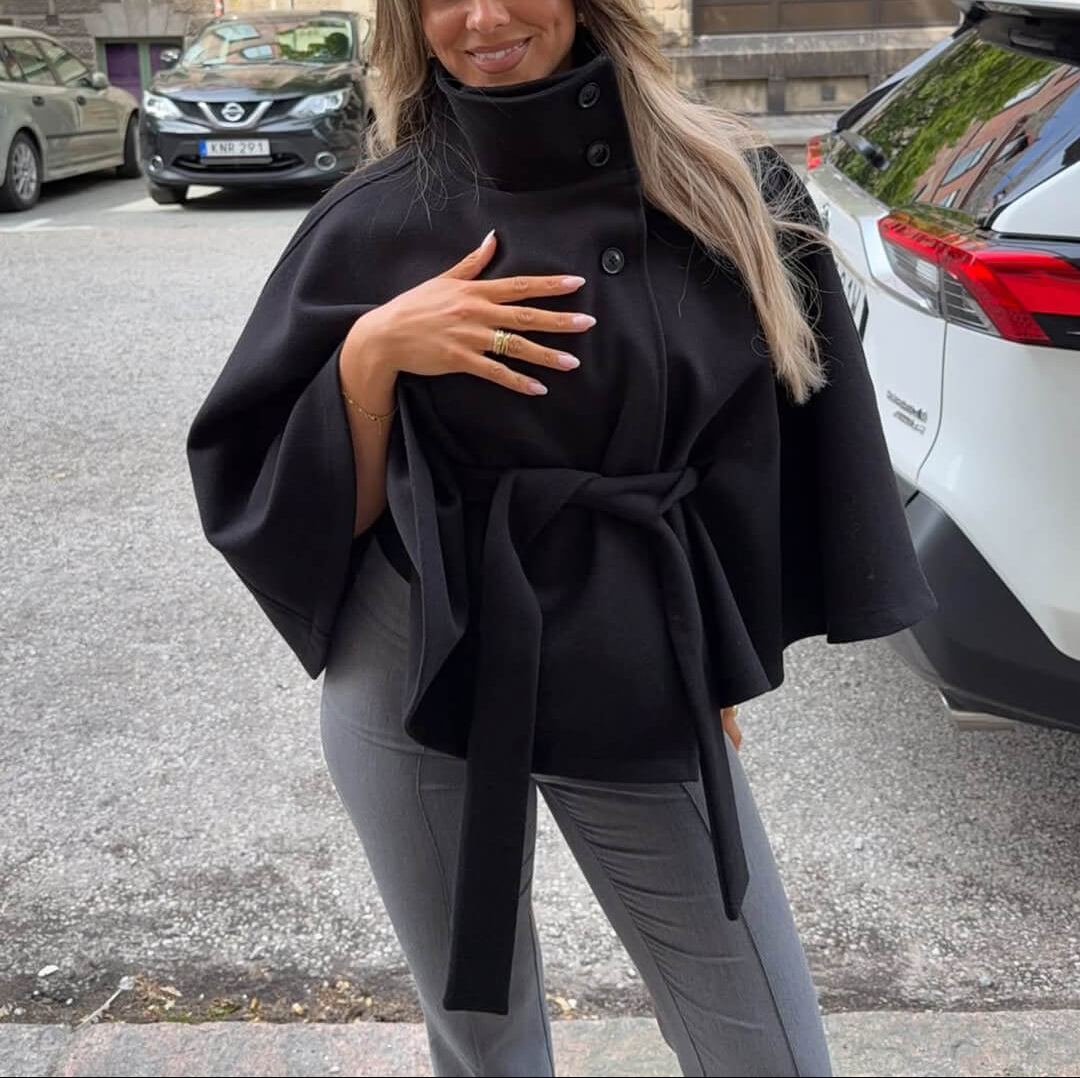 Gianna Elegancka Kurtka Peleryna z Wysokim Kołnierzem i Paskiem