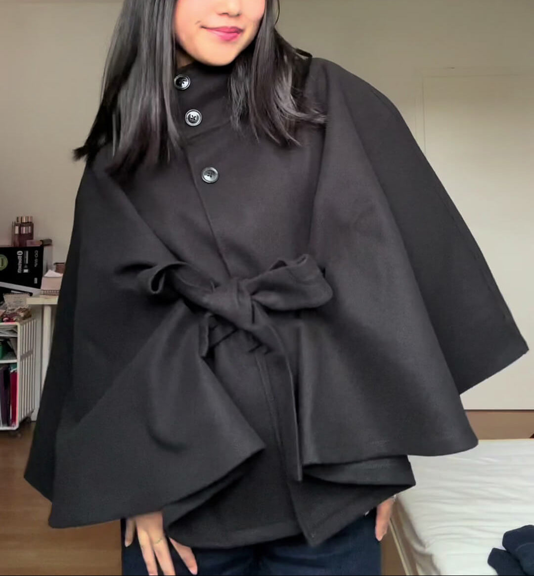 Gianna Elegancka Kurtka Peleryna z Wysokim Kołnierzem i Paskiem